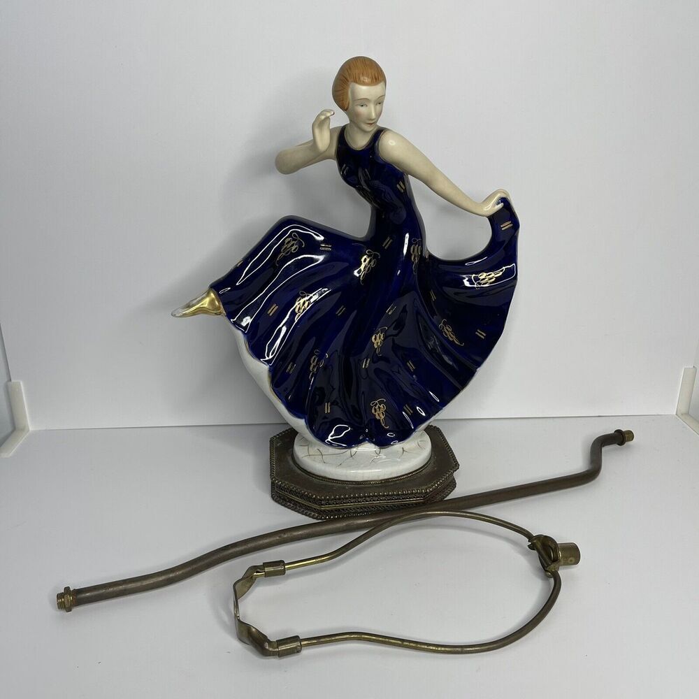 Vintage Ceramic Classy Women‎ Lady Figural Lamp Dress Metal Base Colbalt Blue